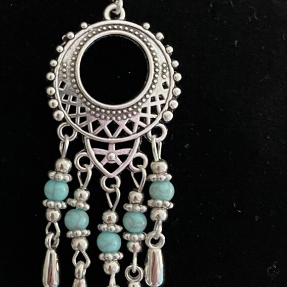 3/$17 Ethnic Inspired Silver and Faux Turquoise Dangle Pierced Earrings - Picture 2 of 3